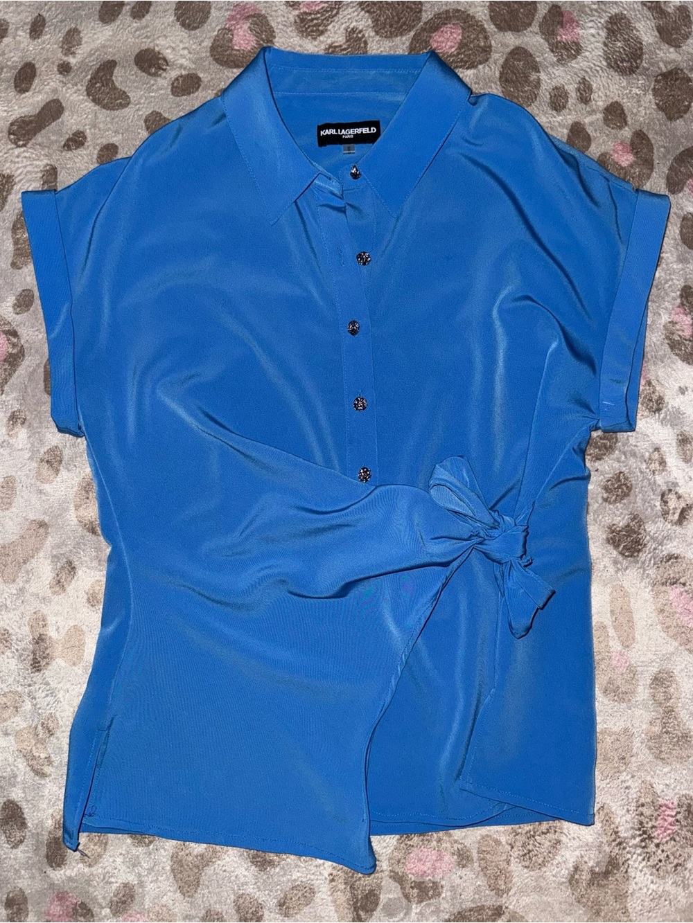Karl Lagerfeld Cobalt Blue Short-Sleeve Button Tie-Waist Blouse